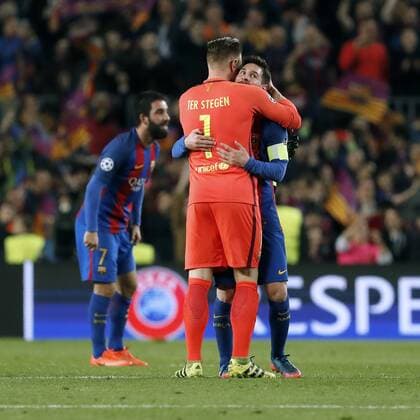 Fußball, CL, FC Barcelona - Paris St. Germain MESSI Lionel Team FC Barcelona Barca mit TER STEGEN Champions League Saison 2016-2017 Spiel Achtelfinale Rueckspiel FC Barcelona - Paris Saint Germain 6 : 1 am 008.03. 2017 im Camp Nou in Barcelona 
