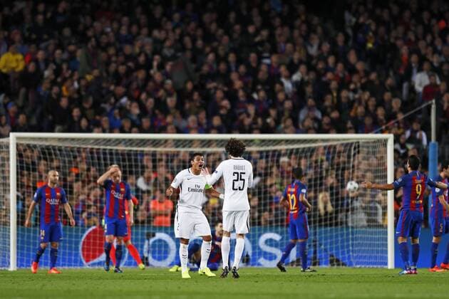 Thiago Silva, Adrien Rabiot (PSG), March 8, 2017 - Football Soccer : UEFA Champions League Round 16 2nd leg match between FC Barcelona Barca 6-1 Paris Saint-Germain at Camp Nou stadium in Barcelona, Spain. Noxthirdxpartyxsales  (oqma021793)