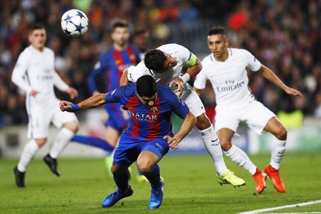 Luis Suarez (Barcelona), Thiago Silva (PSG), March 8, 2017 - Football Soccer : UEFA Champions League Round 16 2nd leg match between FC Barcelona Barca 6-1 Paris Saint-Germain at Camp Nou stadium in Barcelona, Spain. Noxthirdxpartyxsales  (oqma021800)