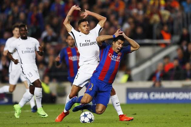 Marquinhos (PSG), Luis Suarez (Barcelona), March 8, 2017 - Football Soccer : UEFA Champions League Round 16 2nd leg match between FC Barcelona Barca 6-1 Paris Saint-Germain at Camp Nou stadium in Barcelona, Spain. Noxthirdxpartyxsales  (oqma021801)