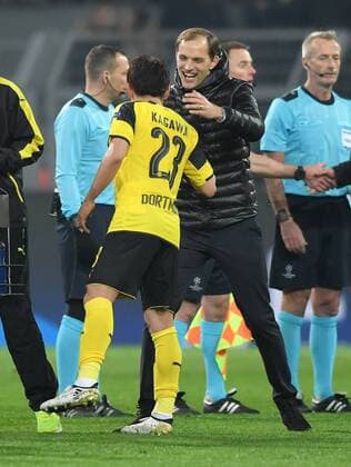 08.03.2017, Fussball, UEFA Champions League, Saison 2016 2017, Achtelfinale, Borussia Dortmund - Benfica Lissabon 4:0, Jubel Trainer Thomas Tuchel (Borussia Dortmund), re., und Shinji Kagawa (Borussia Dortmund)