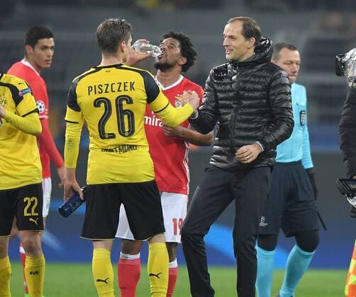 08.03.2017, Fussball, UEFA Champions League, Saison 2016 2017, Achtelfinale, Borussia Dortmund - Benfica Lissabon 4:0, Jubel Trainer Thomas Tuchel (Borussia Dortmund), re., und Lukasz Piszczek (Borussia Dortmund)
