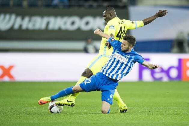 Gent s Anderson Esiti and Genk s Siebe Schrijvers fight for the ball during a soccer game between Belgian teams KAA Gent and KRC Genk, Thursday 09 March 2017 in Gent, the first leg of the 1 8 finals of the Europa League competition. JASPERxJACOBS  x05061902x