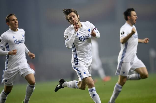 Fußball, EL, FC Kopenhagen - Ajax Amsterdam DK: 20170309, K¿benhavn, Danmark: Europa League fodbold, 1 8 finale, FC K¿benhavn - AFC Ajax: Rasmus Falk, FC K¿benhavn, FCK scorer til 1-0 Foto: Lars M¿ller UK: 20170309, Copenhagen, Denmark: Europa League football, 1 8 final, FC Copenhagen - AFC Ajax: Rasmus Falk, FC K¿benhavn, FCK scores to 1-0
