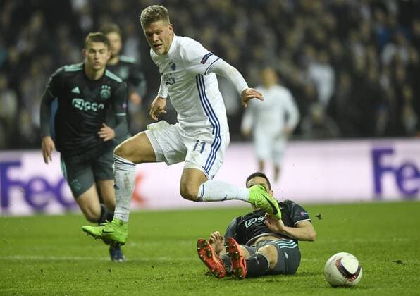 Fußball, EL, FC Kopenhagen - Ajax Amsterdam DK: 20170309, K¿benhavn, Danmark: Europa League fodbold, 1 8 finale, FC K¿benhavn - AFC Ajax: Andreas Cornelius, FC K¿benhavn, FCK Foto: Lars M¿ller UK: 20170309, Copenhagen, Denmark: Europa League football, 1 8 final, FC Copenhagen - AFC Ajax: Andreas Cornelius, FC K¿benhavn, FCK
