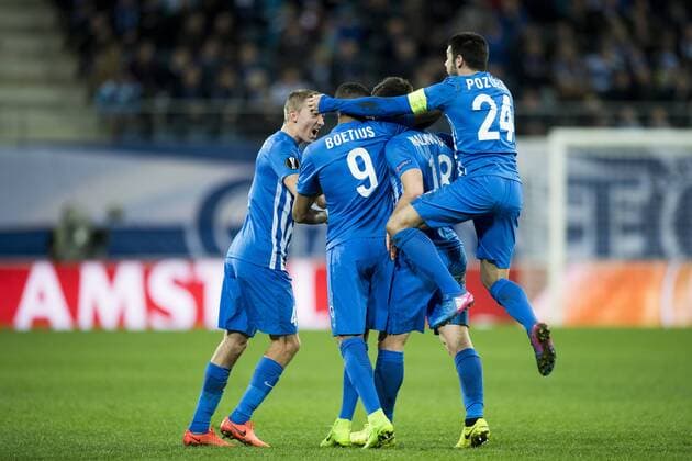 Genk s players celebrates after scoring during a soccer game between Belgian teams KAA Gent and KRC Genk, Thursday 09 March 2017 in Gent, the first leg of the 1 8 finals of the Europa League competition. JASPERxJACOBS  x05061911x