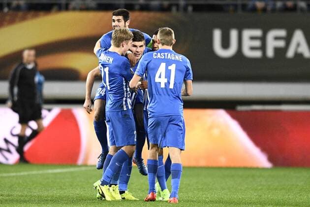 Genk s Ruslan Malinovsky celebrates after scoring during a soccer game between Belgian teams KAA Gent and KRC Genk, Thursday 09 March 2017 in Gent, the first leg of the 1 8 finals of the Europa League competition. YORICKxJANSENS  x05061934x