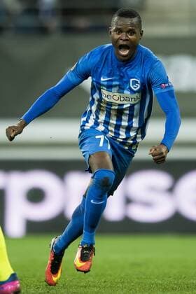 Genk s Mwbana Ally Samatta celebrates after scoring during a soccer game between Belgian teams KAA Gent and KRC Genk, Thursday 09 March 2017 in Gent, the first leg of the 1 8 finals of the Europa League competition. JASPERxJACOBS  x05061992x