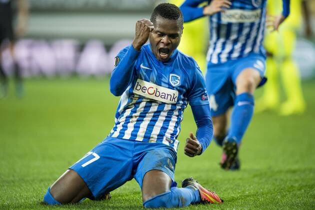 Genk s Mwbana Ally Samatta celebrates after scoring during a soccer game between Belgian teams KAA Gent and KRC Genk, Thursday 09 March 2017 in Gent, the first leg of the 1 8 finals of the Europa League competition. JASPERxJACOBS  x05061993x