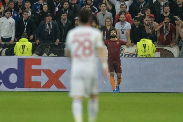 Fußball, EL, Olympique Lyon - AS Rom Joie de Mohamed Salah (rome) FOOTBALL : Lyon vs Rome - Ligue Europa - 1 8e de finale - 09 03 2017 FredericChambert Panoramic 