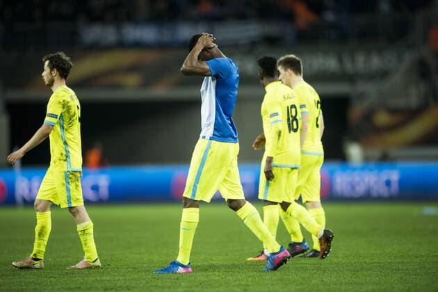 Gent s Kalifa Coulibaly show defeat after a soccer game between Belgian teams KAA Gent and KRC Genk, Thursday 09 March 2017 in Gent, the first leg of the 1 8 finals of the Europa League competition. JASPERxJACOBS  x05062103x