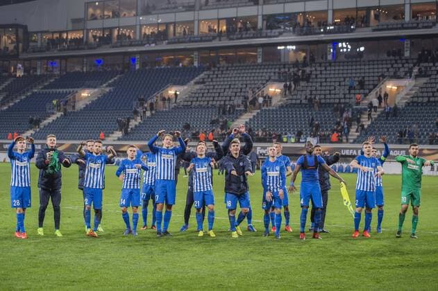 the players of KRC Genk celebrate the victoryduring the UEFA Europa League round of 16 match between KAA Gent and KRC Genk on March 09, 2017 at the Ghelamco Arena in Gent, Belgium. KAA Gent v KRC Genk UEFA Europa League 2016 2017 xVIxGerritxvanxKeulenxIVx 7294571