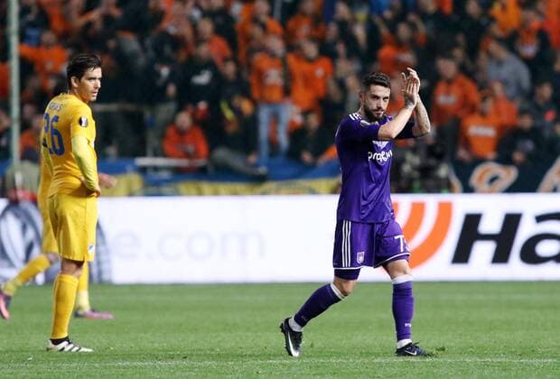 (170310) -- NICOSIA, March 9, 2017 -- Anderlecht s Nicolae Stanciu celebrates scoring during the Europa League Round of 16 first leg match between Anderlecht and APOEL in Nicosia, Cyprus, on March 9, 2017. Anderlecht won 1-0.) (SP)CYPRUS-NICOSIA-SOCCER-UEFA-EUROPA LEAGUE SakisxSavvides 