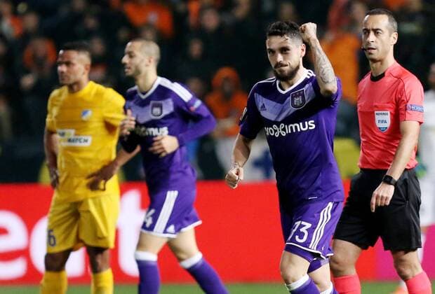 (170310) -- NICOSIA, March 9, 2017 -- Anderlecht s Nicolae Stanciu (2nd R) celebrates scoring during the Europa League Round of 16 first leg match between Anderlecht and APOEL in Nicosia, Cyprus, on March 9, 2017. Anderlecht won 1-0.) (SP)CYPRUS-NICOSIA-SOCCER-UEFA-EUROPA LEAGUE SakisxSavvides 