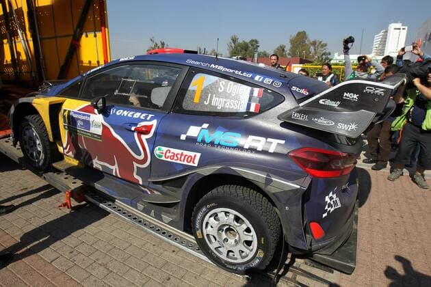 The car of French pilot Sebastien Ogier, a Ford Fiesta WRC Motorsport Rallye WM arrives in Leon, Guanajuato, Mexico, 10 March 2017, after the convoy that was carrying the cars of the 14th Rally Mexico 2017 was blocked on the road due to an accident. The eventful trip forced to cancel the two first special races of the competition. THE TWO FIRST SPECIAL RACES OF THE RALLY MEXICO 2017 CANCELLED DUE TO AN ACCIDENT !ACHTUNG: NUR REDAKTIONELLE NUTZUNG!  Copyright: xUlisesxRuizxBasurtox MEX001 20170310-636247687266155460