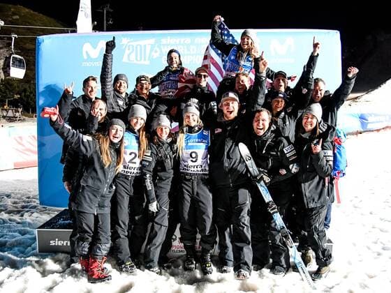 SNOWBOARD, FREESTYLE SKIING - FIS WC 2017 SIERRA NEVADA,SPAIN,10.MAR.17 - SNOWBOARD, FREESTYLE SKIING - FIS Freestyle Ski and Snowboard World Championships, free ski aerials, men ladies final. Image shows the rejoicing of the team of USA. GEPAxpictures xOliverxLerch