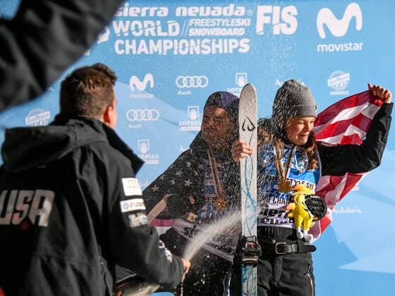 SNOWBOARD, FREESTYLE SKIING - FIS WC 2017 SIERRA NEVADA,SPAIN,10.MAR.17 - SNOWBOARD, FREESTYLE SKIING - FIS Freestyle Ski and Snowboard World Championships, free ski aerials, men ladies final, award ceremony. Image shows Jonathon Lillis and Ashley Caldwell (USA). Keywords: champagne shower. GEPAxpictures xOliverxLerch