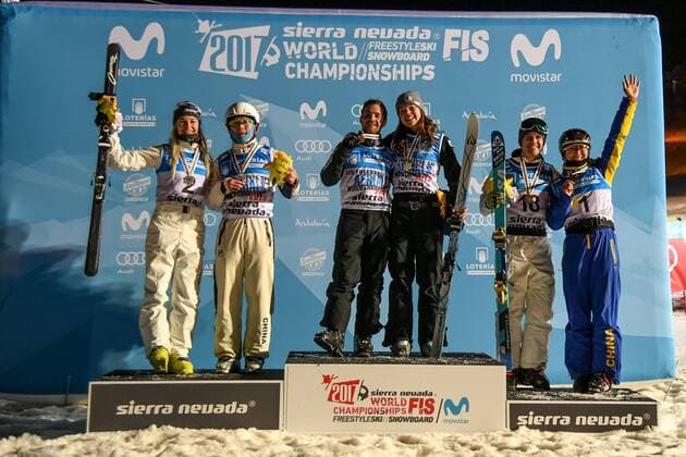 SNOWBOARD, FREESTYLE SKIING - FIS WC 2017 SIERRA NEVADA,SPAIN,10.MAR.17 - SNOWBOARD, FREESTYLE SKIING - FIS Freestyle Ski and Snowboard World Championships, free ski aerials, men ladies final, award ceremony. Image shows Danielle Scott (AUS), Guangpu Qi (CHN), Jonathon Lillis, Ashley Caldwell (USA), David Morris (AUS) and Mangtao XU (CHN). GEPAxpictures xOliverxLerch