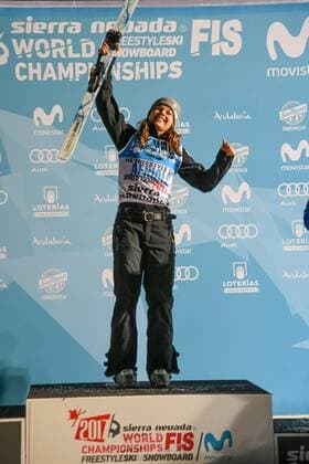 SNOWBOARD, FREESTYLE SKIING - FIS WC 2017 SIERRA NEVADA,SPAIN,10.MAR.17 - SNOWBOARD, FREESTYLE SKIING - FIS Freestyle Ski and Snowboard World Championships, free ski aerials, men ladies final, award ceremony. Image shows the rejoicing of Ashley Caldwell (USA). GEPAxpictures xOliverxLerch
