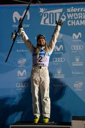 SNOWBOARD, FREESTYLE SKIING - FIS WC 2017 SIERRA NEVADA,SPAIN,10.MAR.17 - SNOWBOARD, FREESTYLE SKIING - FIS Freestyle Ski and Snowboard World Championships, free ski aerials, men ladies final, award ceremony. Image shows the rejoicing of Danielle Scott (AUS). GEPAxpictures xOliverxLerch