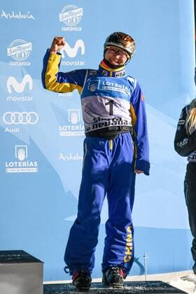 SNOWBOARD, FREESTYLE SKIING - FIS WC 2017 SIERRA NEVADA,SPAIN,10.MAR.17 - SNOWBOARD, FREESTYLE SKIING - FIS Freestyle Ski and Snowboard World Championships, free ski aerials, men ladies final, award ceremony. Image shows the rejoicing of Mangtao XU (CHN). GEPAxpictures xOliverxLerch