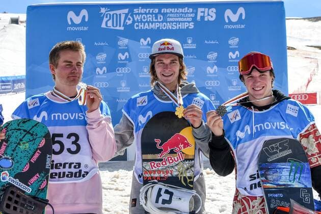 SNOWBOARD, FREESTYLE SKIING - FIS WC 2017 SIERRA NEVADA,SPAIN,11.MAR.17 - SNOWBOARDING - FIS Freestyle Ski and Snowboard World Championships, snowboard slopestyle, finals, men ladies, award ceremony. Image shows Nicolas Huber (SUI), Seppe Smits (BEL) and Chris Corning (USA). Keywords: medal. GEPAxpictures xOliverxLerch