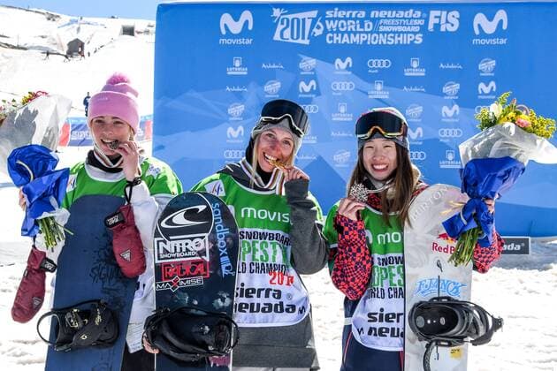 SNOWBOARD, FREESTYLE SKIING - FIS WC 2017 SIERRA NEVADA,SPAIN,11.MAR.17 - SNOWBOARDING - FIS Freestyle Ski and Snowboard World Championships, snowboard slopestyle, finals, men ladies, award ceremony. Image shows Zoi Sadowski Synnott (NZL), Laurie Blouin (CAN) and Miyabi Onitsuka (JPN). Keywords: medal. GEPAxpictures xOliverxLerch