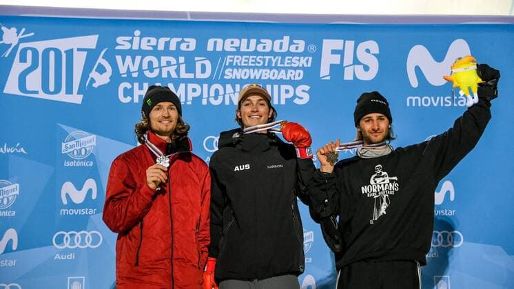 SNOWBOARD, FREESTYLE SKIING - FIS WC 2017 SIERRA NEVADA,SPAIN,11.MAR.17 - SNOWBOARDING - FIS Freestyle Ski and Snowboard World Championships, snowboard halfpipe, finals, men ladies, award ceremony. Image shows the podium of the men: Iouri Podlatchikov (SUI), Scotty James (AUS) and Patrick Burgener (SUI) with their medals. GEPAxpictures xOliverxLerch