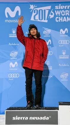 SNOWBOARD, FREESTYLE SKIING - FIS WC 2017 SIERRA NEVADA,SPAIN,11.MAR.17 - SNOWBOARDING - FIS Freestyle Ski and Snowboard World Championships, snowboard halfpipe, finals, men, award ceremony. Image shows the rejoicing of Iouri Podlatchikov (SUI). GEPAxpictures xOliverxLerch