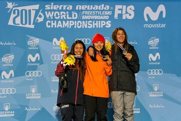 SNOWBOARD, FREESTYLE SKIING - FIS WC 2017 SIERRA NEVADA,SPAIN,11.MAR.17 - SNOWBOARDING - FIS Freestyle Ski and Snowboard World Championships, snowboard halfpipe, finals, ladies, award ceremony. Image shows the podium of the ladies: Haruna Matsumoto (JPN), Xuetong Cai (CHN) and Clemence Grimal (FRA). Keywords: medals. GEPAxpictures xOliverxLerch