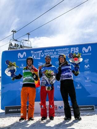 SNOWBOARD, FREESTYLE SKIING - FIS WC 2017 SIERRA NEVADA,SPAIN,12.MAR.17 - SNOWBOARDING - FIS Freestyle Ski and Snowboard World Championships, SBX, Snowboard Cross, final, ladies men, award ceremony. Image shows Lucas Eguibar (ESP), Pierre Vaultier (FRA) and Alex Pullin (AUS). Keywords: medal. GEPAxpictures xOliverxLerch