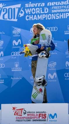 SNOWBOARD, FREESTYLE SKIING - FIS WC 2017 SIERRA NEVADA,SPAIN,12.MAR.17 - SNOWBOARDING - FIS Freestyle Ski and Snowboard World Championships, SBX, Snowboard Cross, final, ladies men, award ceremony. Image shows Lindsey Jacobellis (USA). GEPAxpictures xOliverxLerch