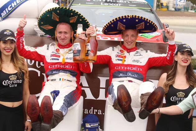 WRC, Meeke und Nagle gewinnen Rallye Mexiko CORRECTS CAPTION British pilot Kris Meeke (R) jubilates with his Irish copilot Paul Nagle after qualifying first at the 14th World Rally Championship of Mexico, in Leon, Guanajuato state, Mexico, 12 March 2017. 14TH WORLD RALLY CHAMPIONSHIP IN MEXICO !ACHTUNG: NUR REDAKTIONELLE NUTZUNG!  Copyright: xUlisesxRuizxBasurtox MEX002 20170312-636249581078084107
