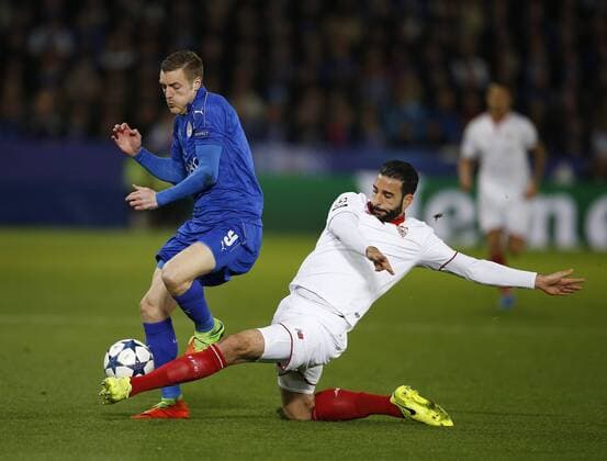 Jamie Vardy of Leicester City tackled by Adil Rami of Sevilla during the UEFA Champions League Round of 16 - 2nd Leg match at the King Power Stadium, Leicester. Picture date: March 14th 2017. Pic credit should read: Simon Bellis Sportimage EDITORIAL USE ONLY. No use with unauthorised audio, video, data, fixture lists, club league logos or live services. Online in-match use limited to 120 images, no video emulation. No use in betting, games or single club league player publications.