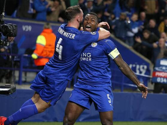 Fußball, CL, Leicester City - FC Sevilla Wes Morgan of Leicester City celebrates scoring the first goal during the UEFA Champions League Round of 16 - 2nd Leg match at the King Power Stadium, Leicester. Picture date: March 14th 2017. Pic credit should read: Simon Bellis Sportimage EDITORIAL USE ONLY. No use with unauthorised audio, video, data, fixture lists, club league logos or live services. Online in-match use limited to 120 images, no video emulation. No use in betting, games or single club league player publications.