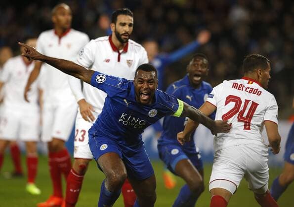 Wes Morgan of Leicester City celebrates scoring the first goal during the UEFA Champions League Round of 16 - 2nd Leg match at the King Power Stadium, Leicester. Picture date: March 14th 2017. Pic credit should read: Simon Bellis Sportimage EDITORIAL USE ONLY. No use with unauthorised audio, video, data, fixture lists, club league logos or live services. Online in-match use limited to 120 images, no video emulation. No use in betting, games or single club league player publications.