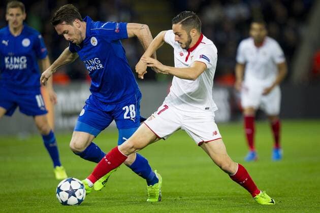 FuÃŸball, CL, Leicester City - FC Sevilla March 14th 2017, King Power Stadium, Leicester, England; UEFA Champions League Football 2nd Leg, Leicester City versus Seville; Pablo Sarabia of Sevilla attempts to win the ball from Christian Fuchs of Leicester City xGrahamxWilsonx  ActionPlus11856228