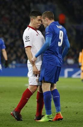 Samir Nasri of Sevilla headbutts Jamie Vardy of Leicester City during the UEFA Champions League Round of 16 - 2nd Leg match at the King Power Stadium, Leicester. Picture date: March 14th 2017. Pic credit should read: Simon Bellis Sportimage EDITORIAL USE ONLY. No use with unauthorised audio, video, data, fixture lists, club league logos or live services. Online in-match use limited to 120 images, no video emulation. No use in betting, games or single club league player publications.