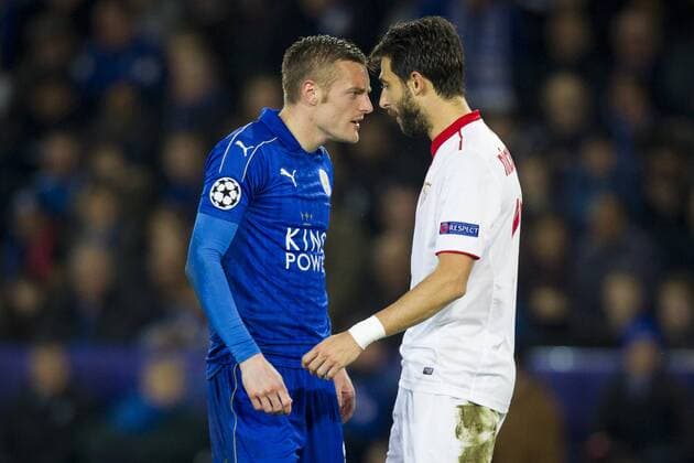 March 14th 2017, King Power Stadium, Leicester, England; UEFA Champions League Football 2nd Leg, Leicester City versus Seville; Jamie Vardy of Leicester City squares up to Nicolas Pareja of Sevilla after a heavy challenge on Vardy by Pareja xGrahamxWilsonx  ActionPlus11856266
