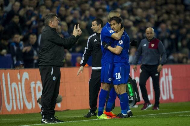 March 14th 2017, King Power Stadium, Leicester, England; UEFA Champions League Football 2nd Leg, Leicester City versus Seville; Shinji Okazaki of Leicester City is replaced by Islam Slimani of Leicester City xGrahamxWilsonx  ActionPlus11856272
