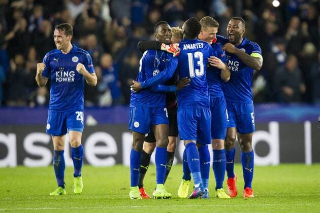 March 14th 2017, King Power Stadium, Leicester, England; UEFA Champions League Football 2nd Leg, Leicester City versus Seville; Leicester City players celebrate victory at the end of the match xGrahamxWilsonx  ActionPlus11856283