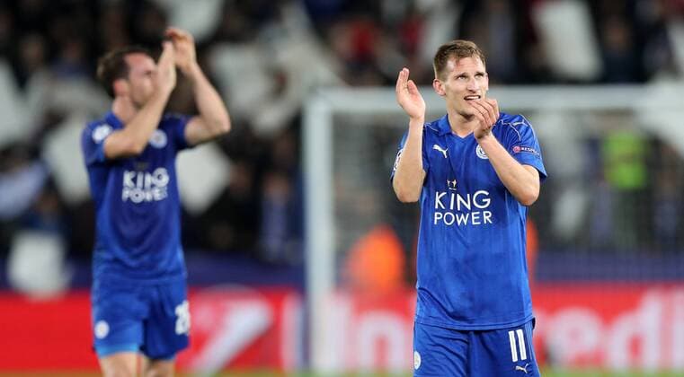 Football - 2016 2017 UEFA Champions League - Round of Sixteen, Second Leg: Leicester City 1 vs. Sevilla 2 Marc Albrighton of Leicester City celebrates after the match at the King Power Stadium. 