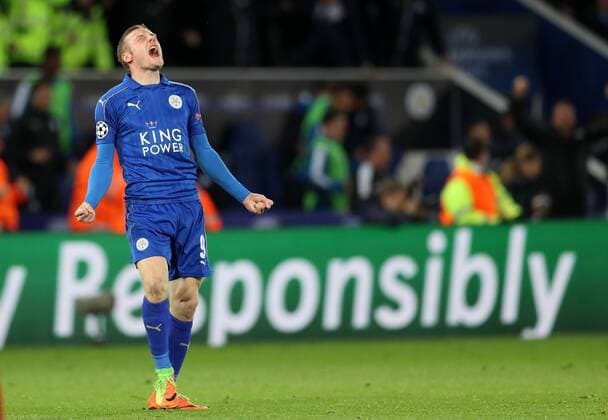 Football - 2016 2017 UEFA Champions League - Round of Sixteen, Second Leg: Leicester City 1 vs. Sevilla 2 Jamie Vardy of Leicester City celebrates after the match at the King Power Stadium. 