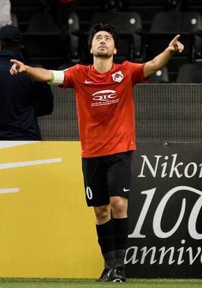 (170315) -- DOHA, March 15, 2017 -- Qatari Rayyan s Rodrigo Tabata celebrates during the AFC Asian Champions League group D football match between Iran s Persepolis FC and Qatar s Rayyan at the Jassim Bin Hamad Stadium in Doha, capital of Qatar, March 14, 2017. Qatar s Rayyan won 3-1. ) (SP)QATAR-DOHA-AFC-ASIAN CHAMPIONS LEAGUE Nikku 