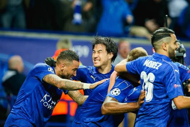 Shinji Okazaki (Leicester), MARCH 14, 2017 - Football Soccer : Shinji Okazaki of Leicester City celebrates with teammates as Wes Morgan scores a goal to make it 1-0 during the UEFA Champions League Round of 16 match between Leicester City and Sevilla at King Power Stadium in Leicester, England. Noxthirdxpartyxsales  (mdga013447)