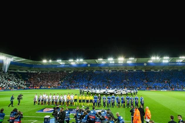 Two teams line-up, MARCH 14, 2017 - Football Soccer : Leicester City and Sevilla players line up prior to the UEFA Champions League Round of 16 match between Leicester City and Sevilla at King Power Stadium in Leicester, England. Noxthirdxpartyxsales  (mdga013466)