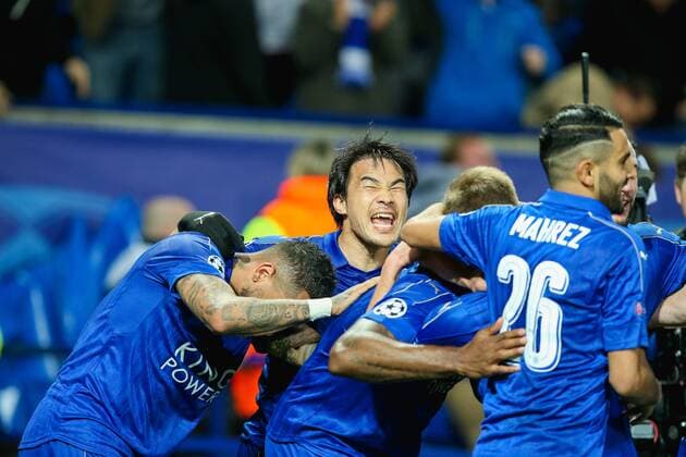 Shinji Okazaki (Leicester), MARCH 14, 2017 - Football Soccer : Shinji Okazaki of Leicester City celebrates with teammates as Wes Morgan scores a goal to make it 1-0 during the UEFA Champions League Round of 16 match between Leicester City and Sevilla at King Power Stadium in Leicester, England. Noxthirdxpartyxsales  (mdga013446)