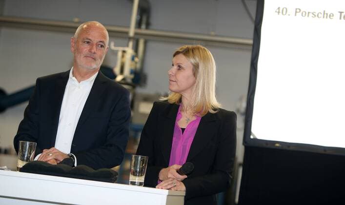 Porsche Tennis Grand Prix 2017 Pressekonferenz Deutschland, Stuttgart, 15.03.2017, Tennis, Porsche Tennis Grand Prix 2017, Pressekonferenz: v.l. Markus Günthardt (Turnierdirektor), Anke Huber.