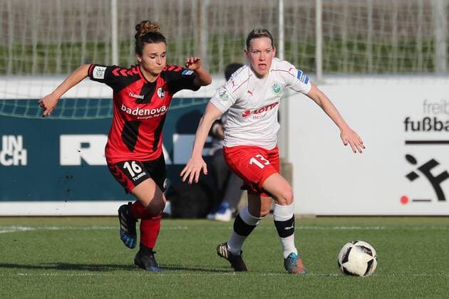 v.li.: Lina Maria Magull (Freiburg, 16), Marith Prießen (Marith Priessen, Frankfurt, 13), Aktion, Action, Spielszene, Fussball, DFB-Pokal der Frauen, Viertelfinale, SC Freiburg - 1. FFC Frankfurt, xozx