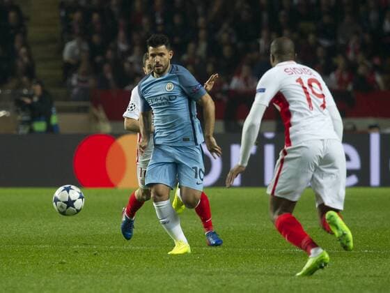 Football - UEFA Champions League - Round of Sixteen: AS Monaco 3 vs. Manchester City 5 Sergio Aguero of Manchester City on the ball , at the Stade Louis II. COLORSPORT WINSTON BYNORTH 